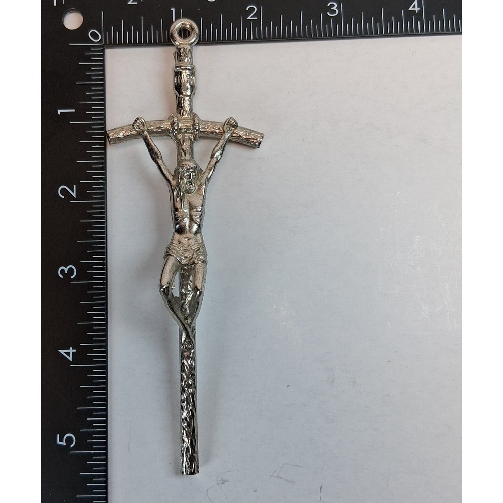 Vintage Italy Papal Pectoral Cross Pendant Silver Tone Bent Crucifix INRI 5+" - Picture 3 of 8